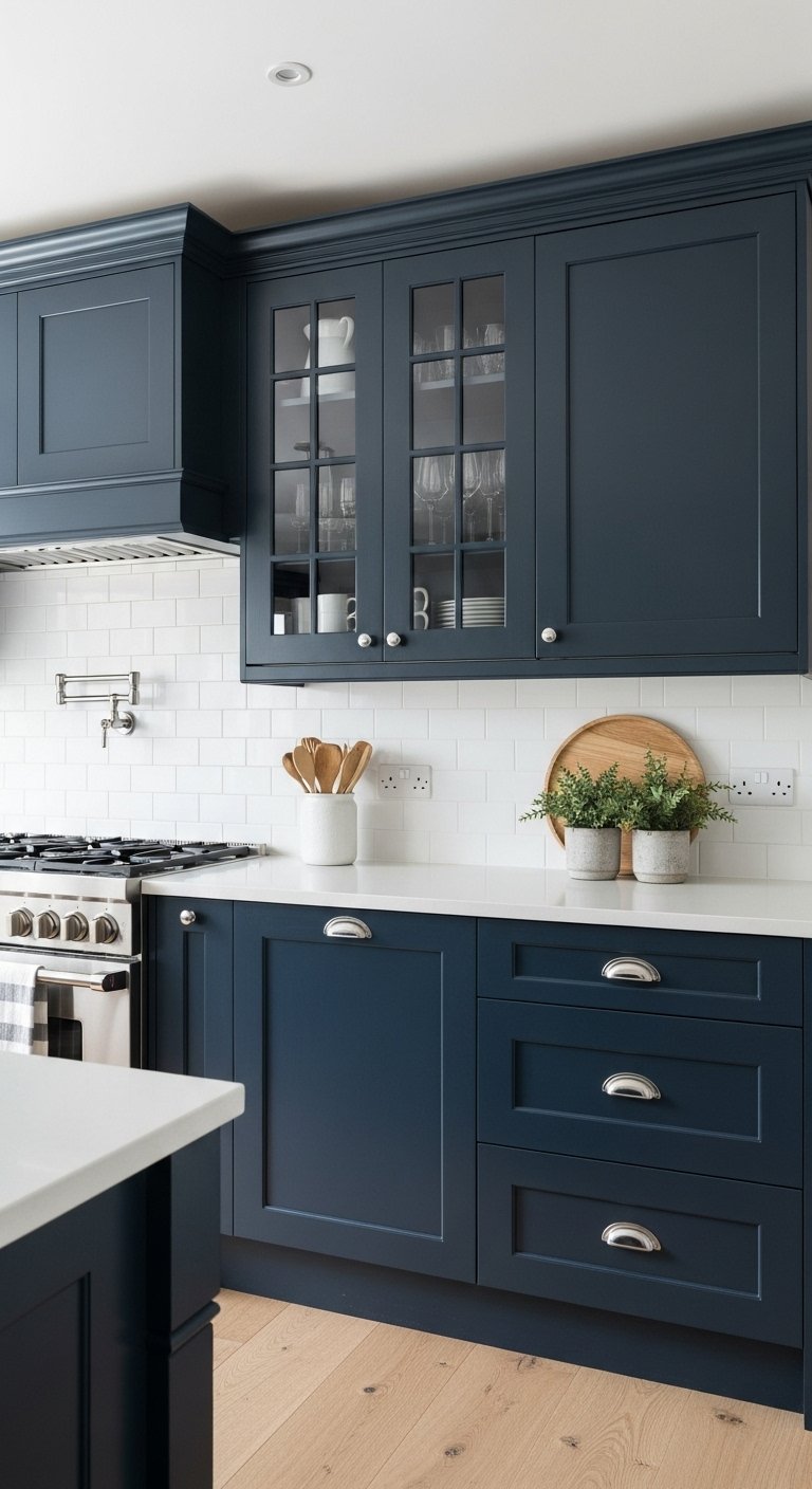 Deep Navy Kitchen Cabinet Repaint For Refined Contrast
