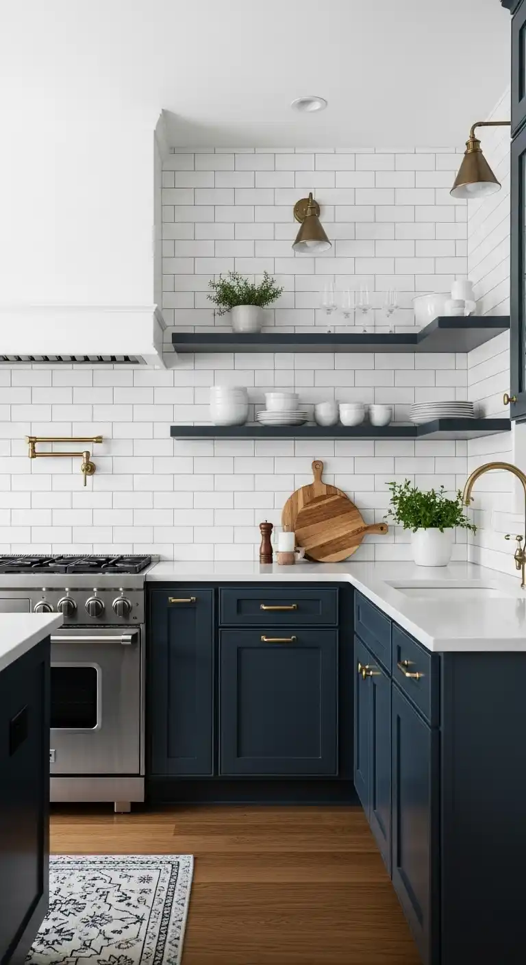 Navy Cabinets Paired With White Subway Tiles