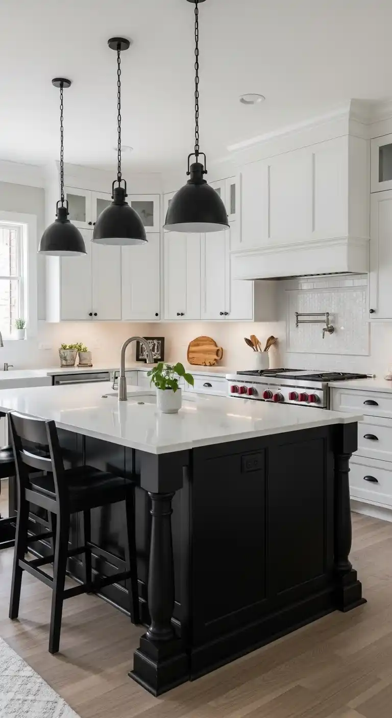 Black Island with White Surrounding Cabinets