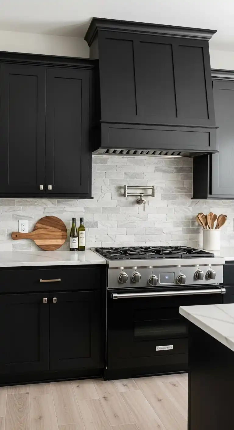 Black Kitchen Cabinets With Natural Stone Backsplashes