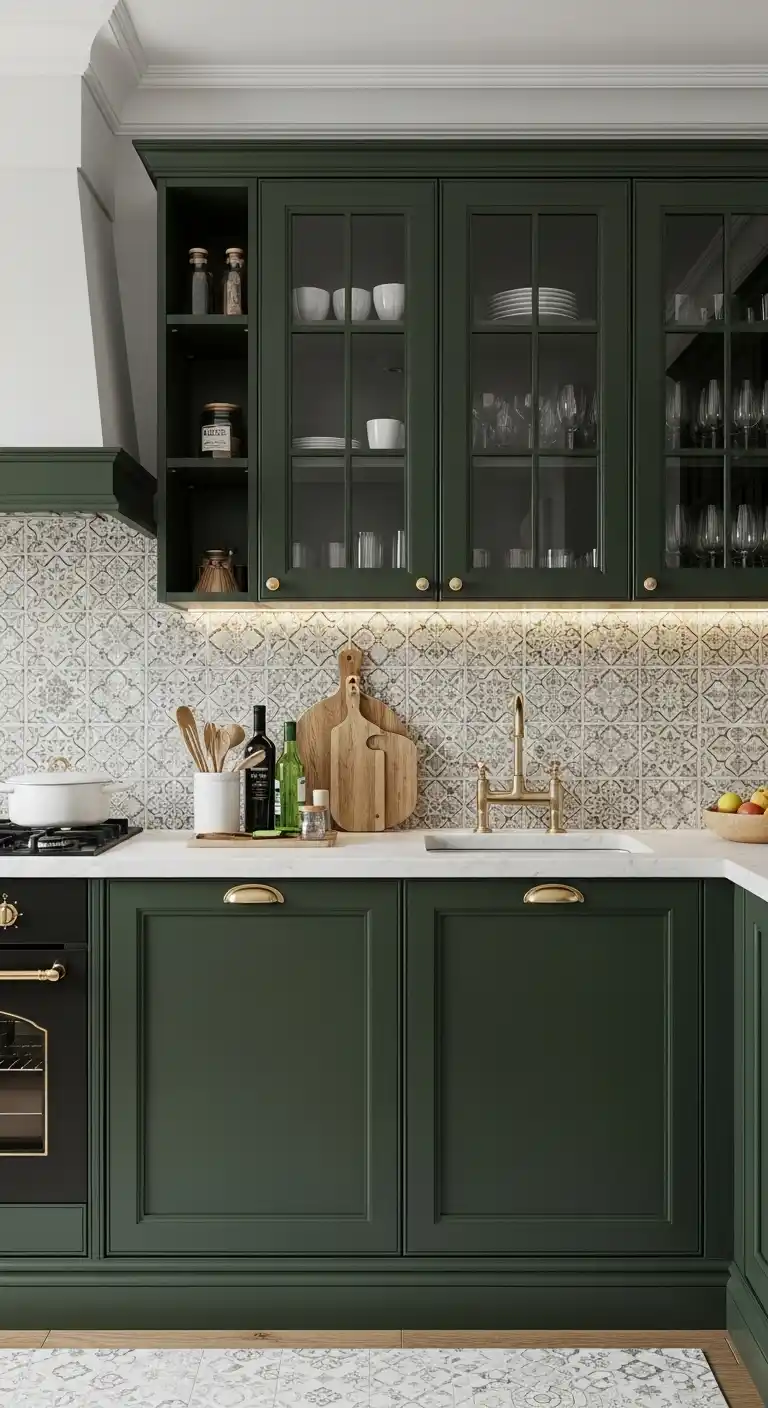 Dark Green Cabinets with Patterned Tile Backsplash