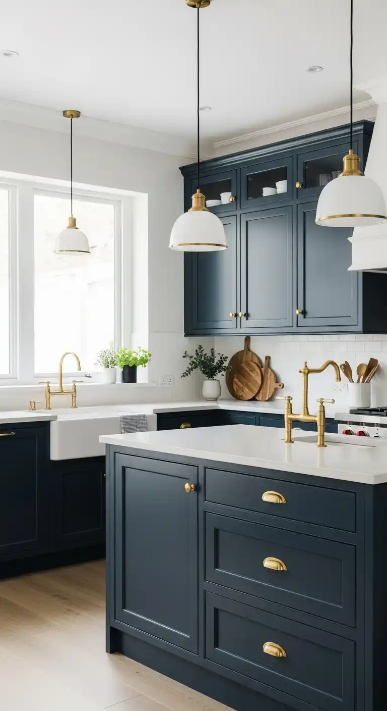 Navy Cabinets With Brass Fixtures and Lighting