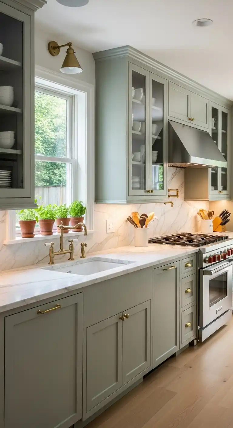 Sage Green Cabinets with Marble Countertops