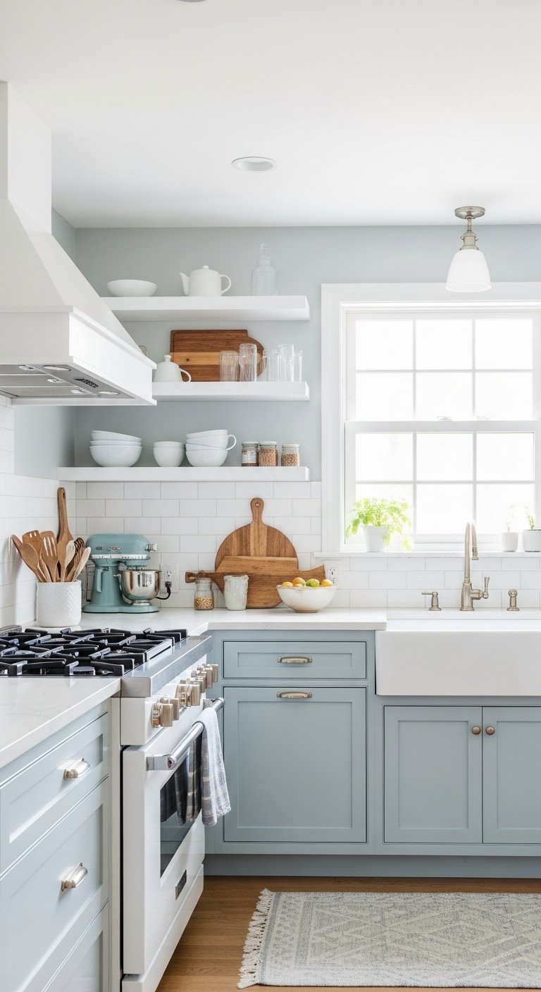 Soft Blue Kitchen Cabinet Repaint For Airy Charm