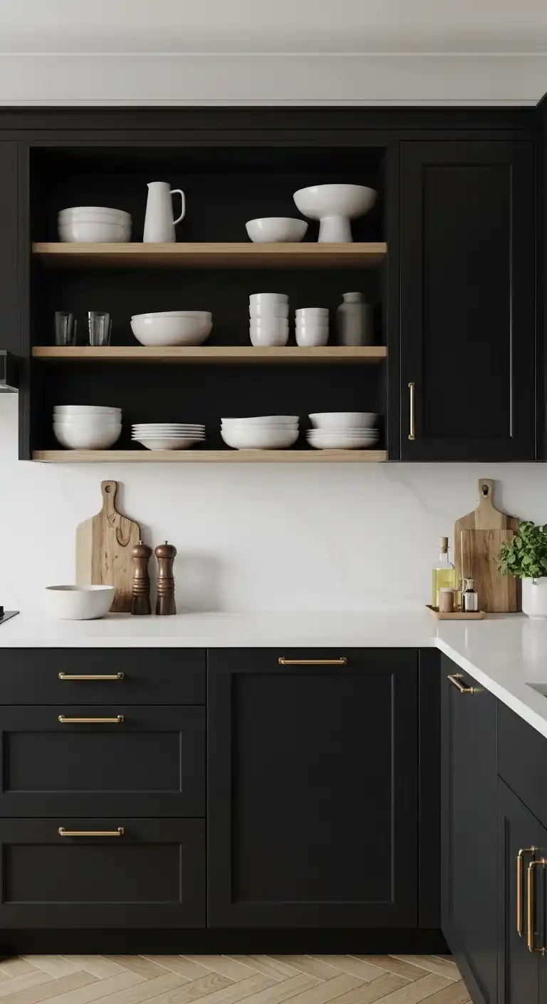 Black Kitchen Cabinets With Open Shelving Balance