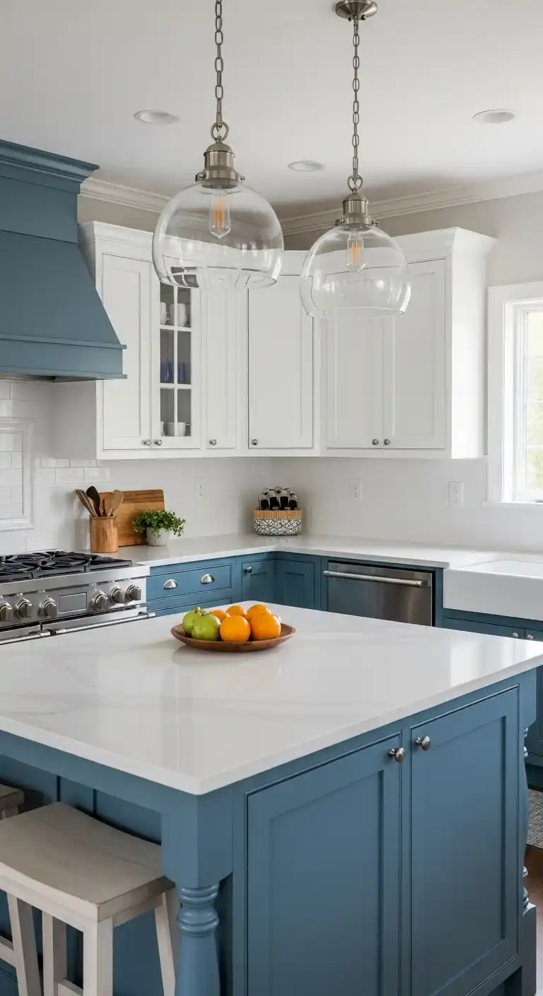 Coastal Blue Kitchen Cabinets with White Countertops