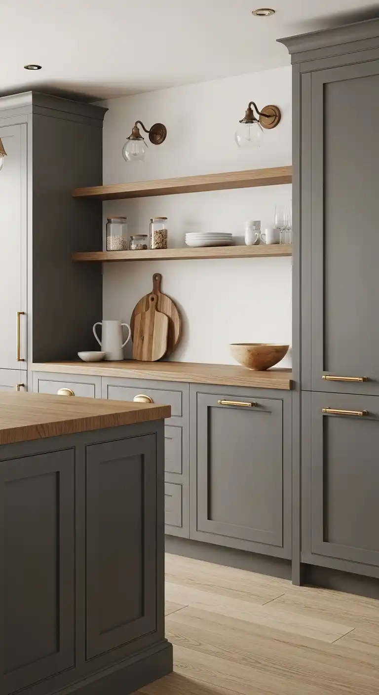 Gray Cabinets with Natural Wood Accents