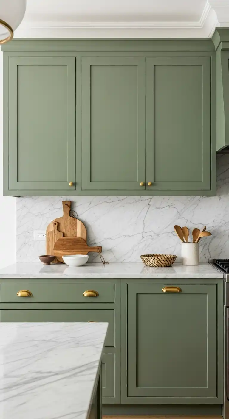 Green Cabinets with Brass and Marble Accents