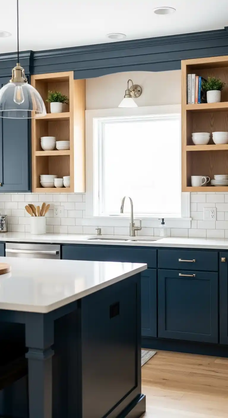 Navy Cabinets With Open Shelving