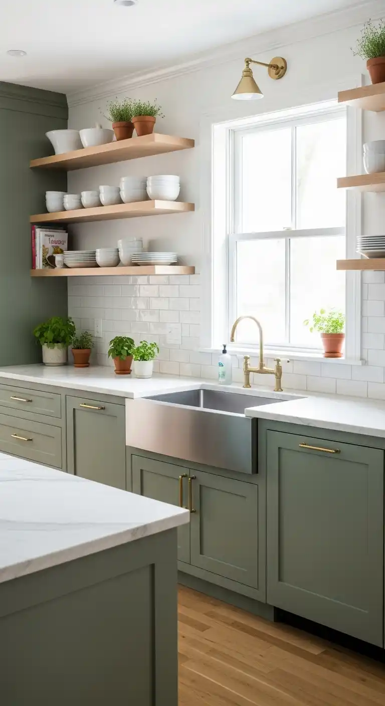 Sage Green Cabinets with Open Shelving