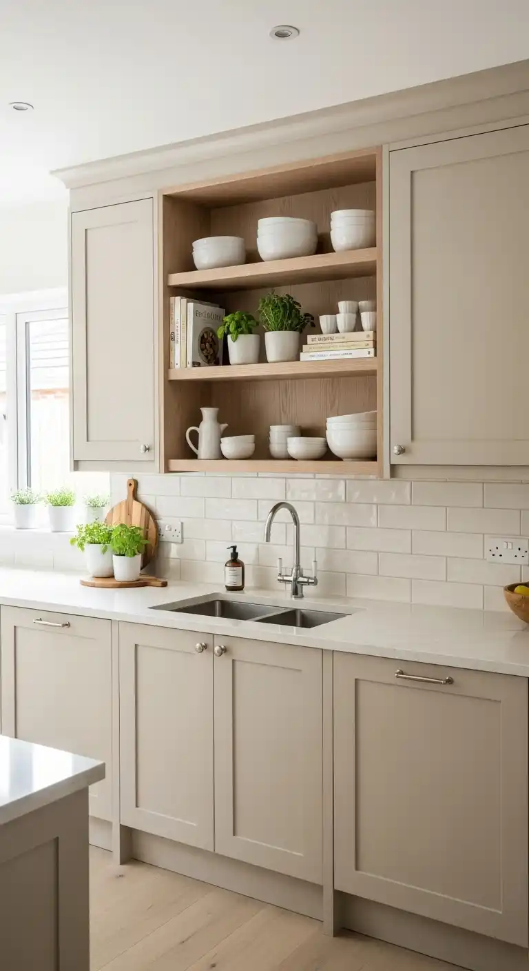 Beige Kitchen Cabinet With Open Shelving Balance