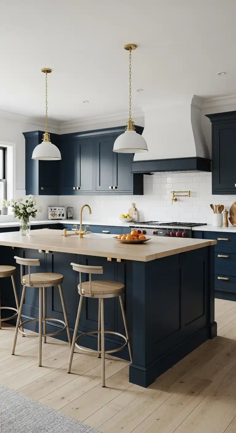 Navy Blue Cabinets With Statement Island