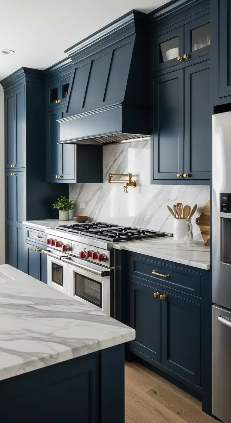 Navy Blue Kitchen Cabinets with Marble Countertops