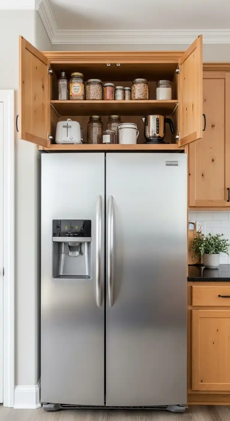 Fridge with Cabinet Doors for Storage Above