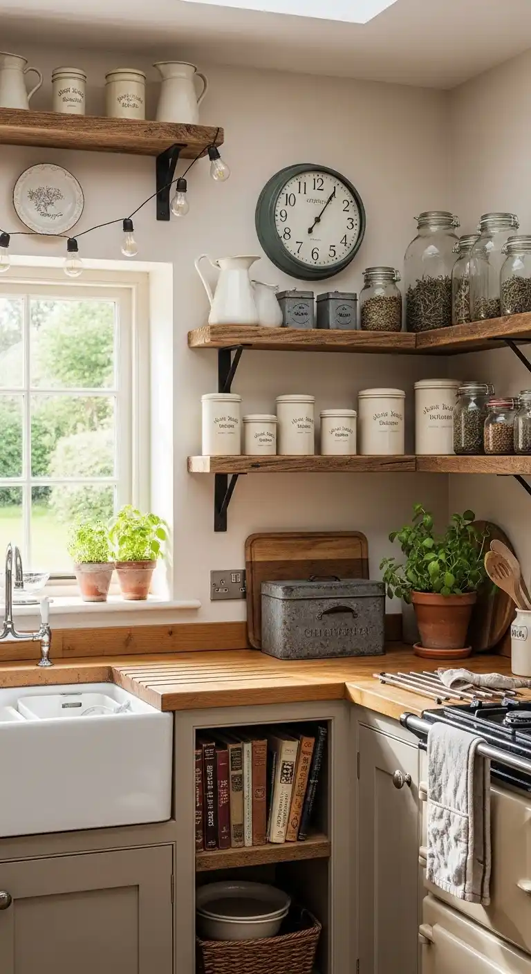 Farmhouse Open Shelves with Vintage Decor