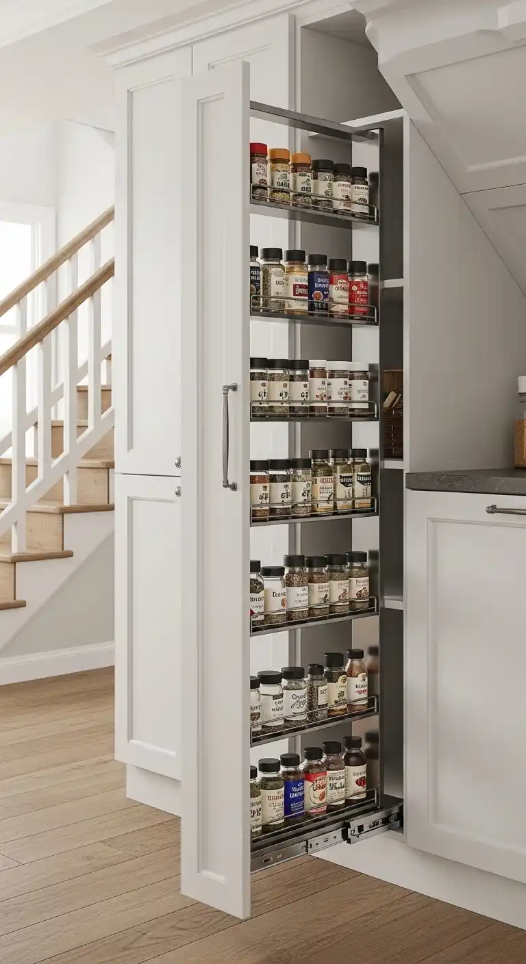 Pull-Out Spice Rack Cabinet Under Stairs
