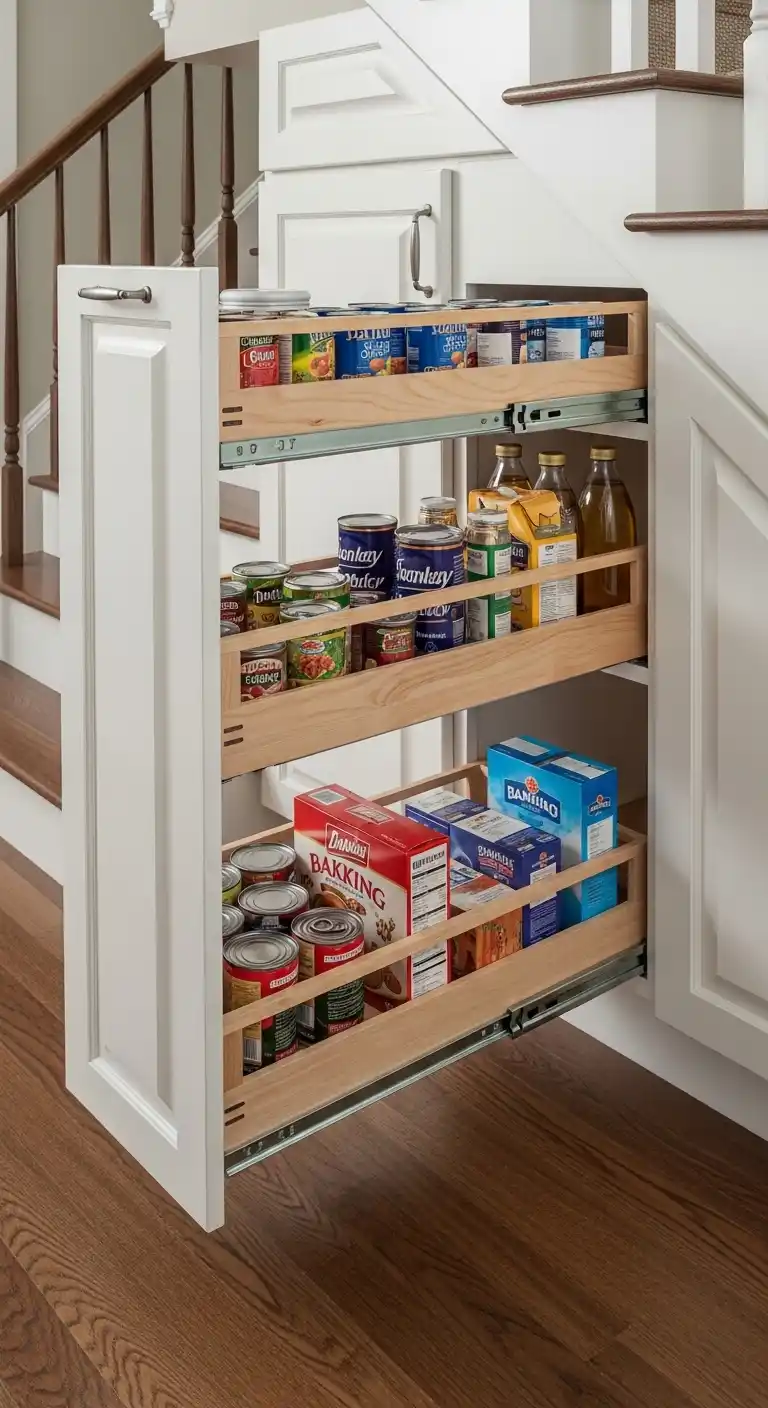 Pull-Out Pantry Drawers Under Stairs