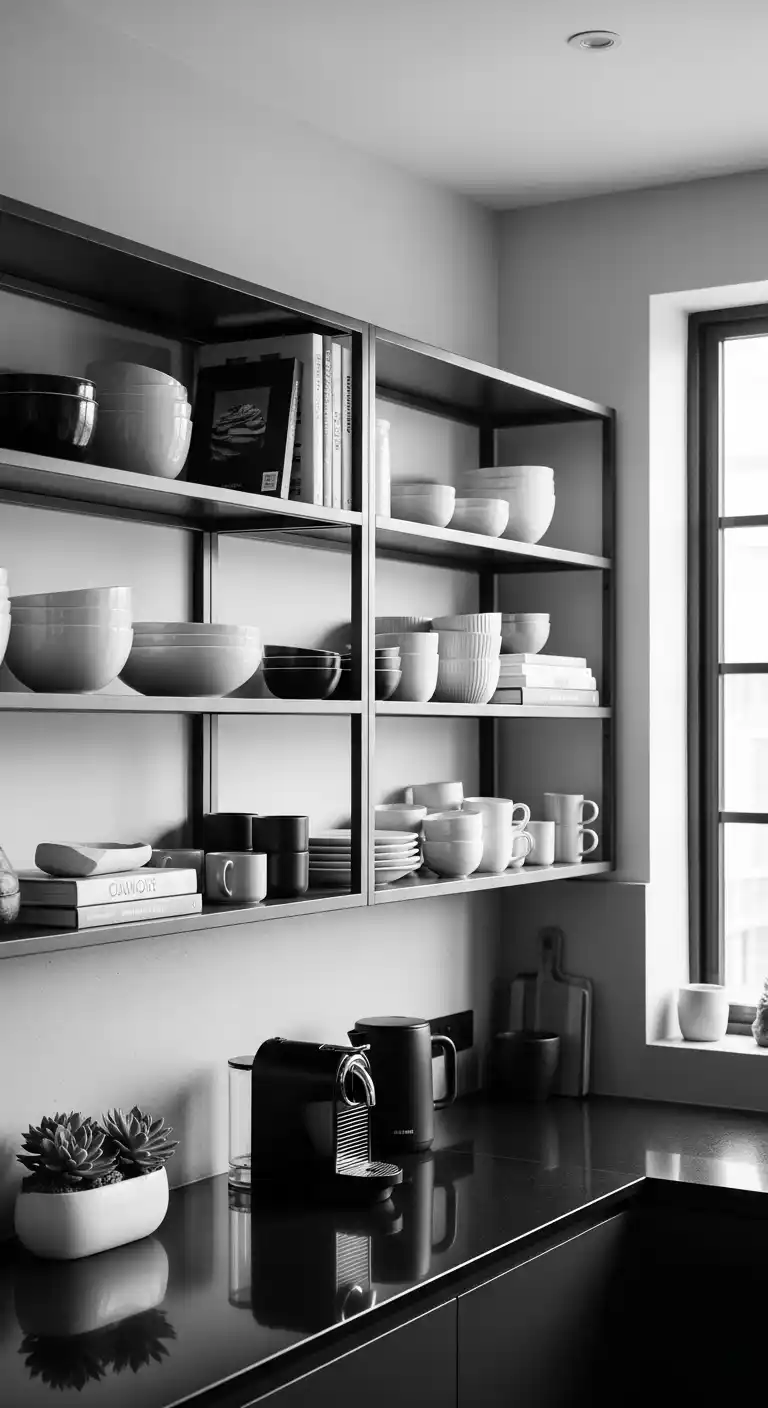 Monochrome Open Shelves for a Sleek Look
