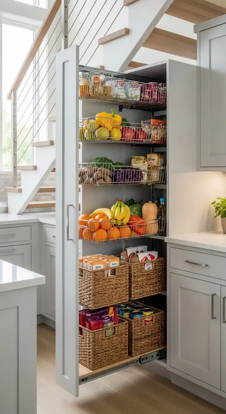 Under-Stairs Pull-Out Pantry With Baskets