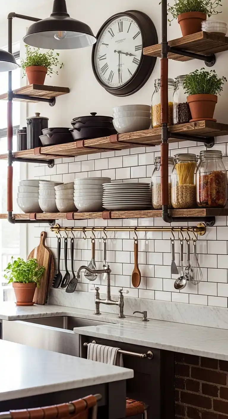 Industrial Shelves with Leather Accents
