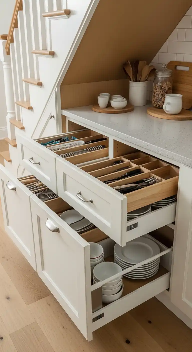 Built-In Drawers Under Stairs