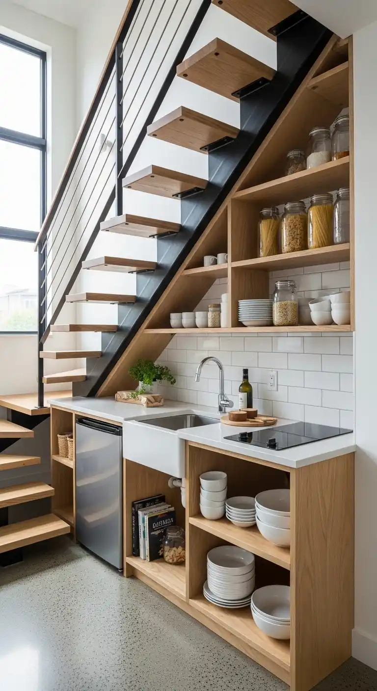 Open Shelving Under Stairs