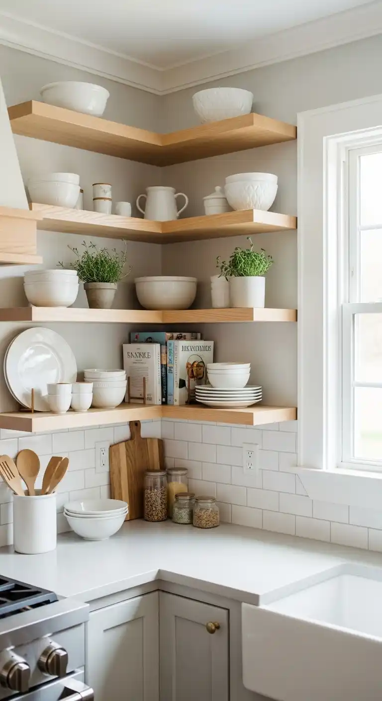 Corner Open Shelves to Maximize Space