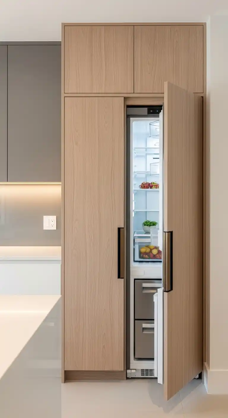 Fridge Enclosed in a Cabinet with Sliding Doors