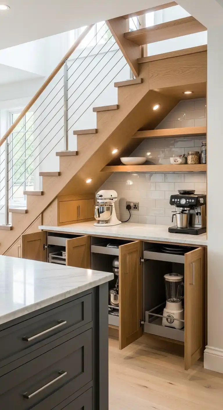 Corner Appliance Storage Under Stairs
