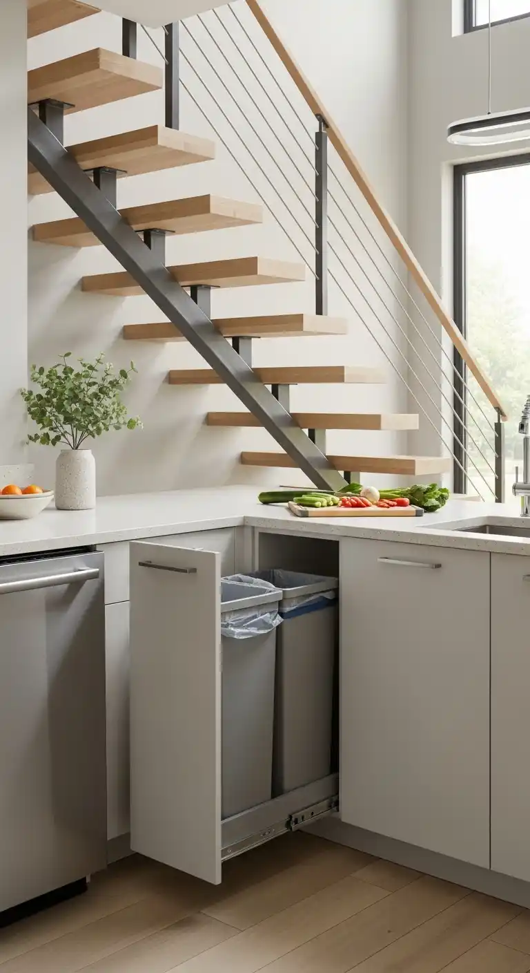 Pull-Out Trash and Recycling Cabinet Under Stairs